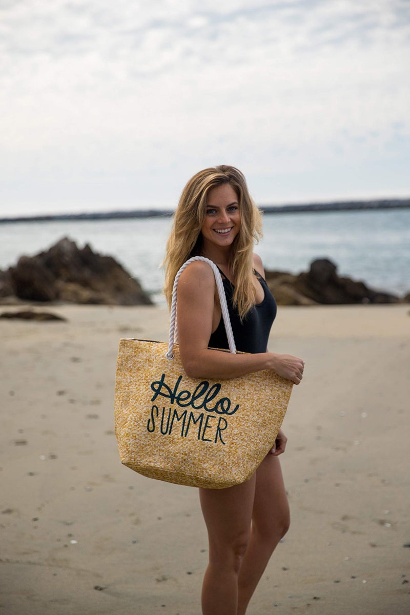 Funky Junque Women's Hello Beaches Beach Bag, Summer Tote Bag with Drink, Beach Please Large Straw Shoulder Bag - Image 3